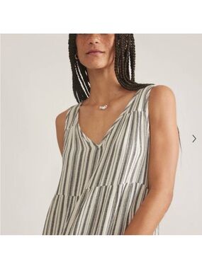 Marine Layer Sleeveless V-Neck Striped Tiered Dress in Cream and Navy